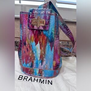 Brahmin Multicolor Croc-Embossed Leather Backpack in Blue, Pink, Purple